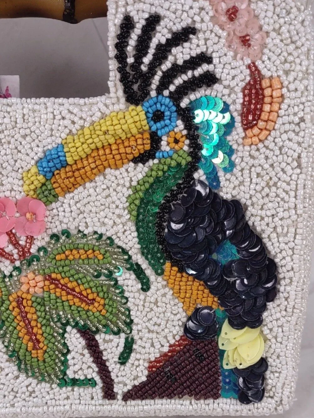 White Beaded Toucan Embellished Top-Handle Bag